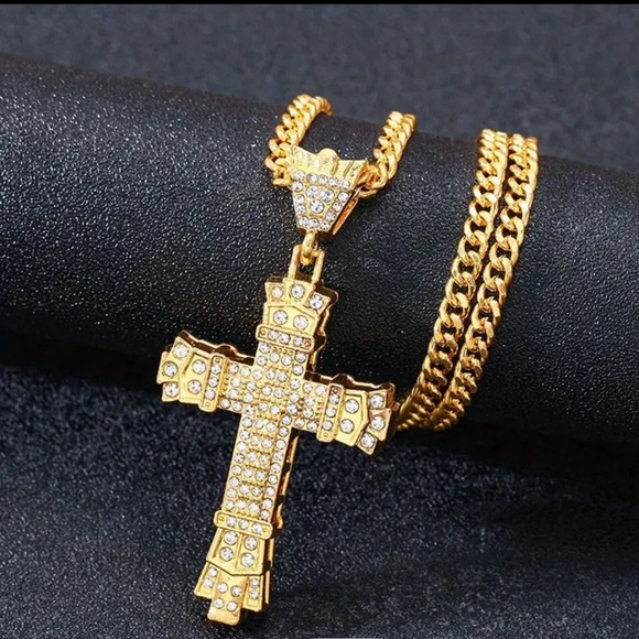 Hip-Hop, Bling, Simulated Diamond Cross Pendant Badass, Gothic Necklace - Picture 4 of 6